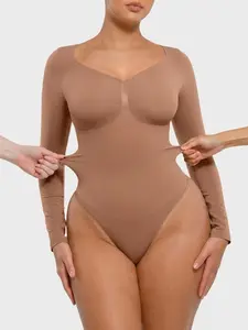 Sculpt Touch Women's Seamless Long Sleeve Shaping Bodysuit V-Neck Tummy Smoothing Thong Bodysuit Soft Stretch Everyday Layering Top