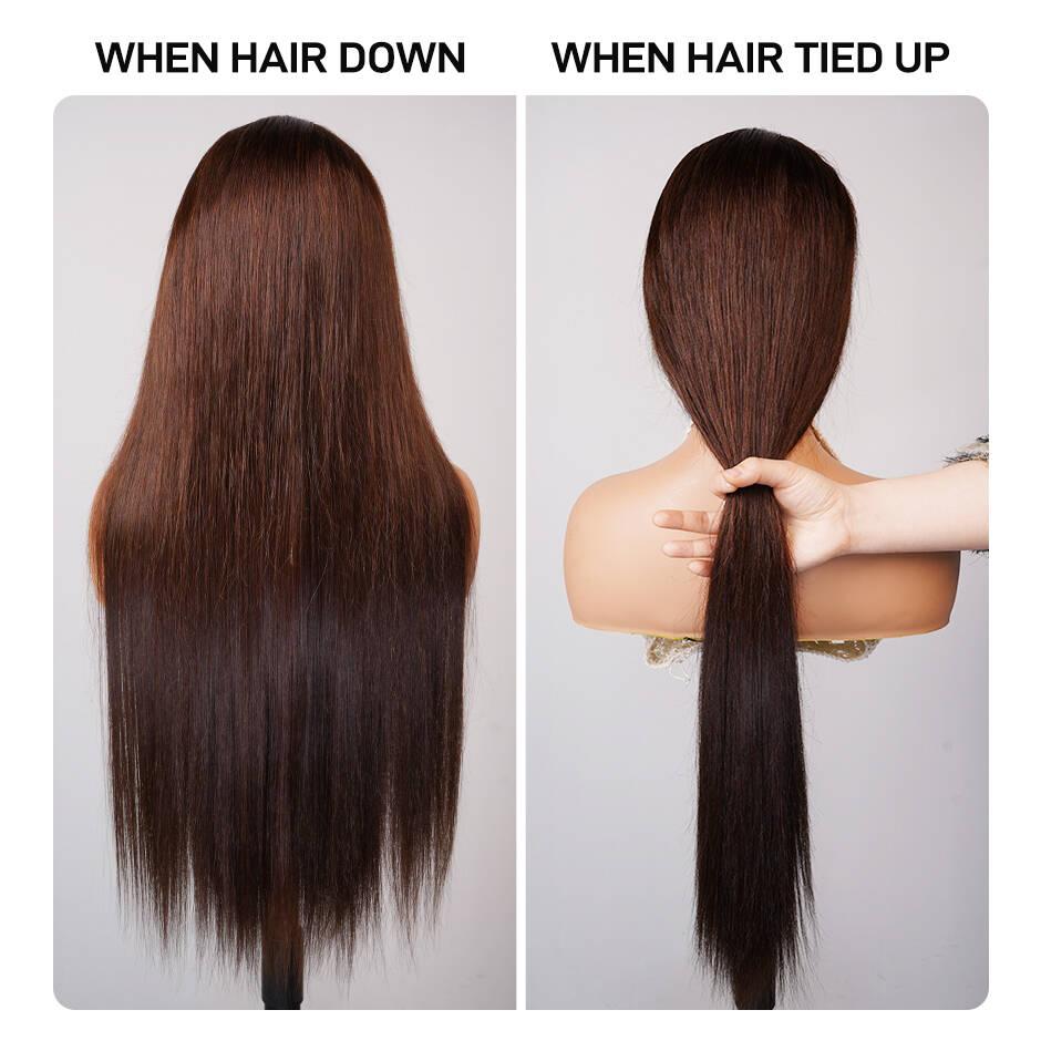 [-Blend Hair-]28inch YAWAWE Hair Chocolate Brown Blend Human Hair Lace Front Wigs Pre Plucked 13x6 Straight High Density Colored #4 Light Brown with Drawstring Effortless Install Ear to Ear Bone Straight 13x6 Lace Front Wig with Baby Hair