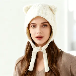 Kawaii Bear Ear Hat - Soft Plush Winter Warm Knit Beanie with Ear Flaps, Cute Animal Themed Cold Weather Cap for Women