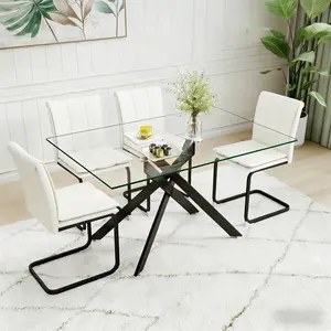 Rectangular Transparent Tempered Glass Dining Table - Modern Design with Black Metal Legs, Shatter-Resistant Surface for Kitchen & Dining Room(ONLY TABLE)
