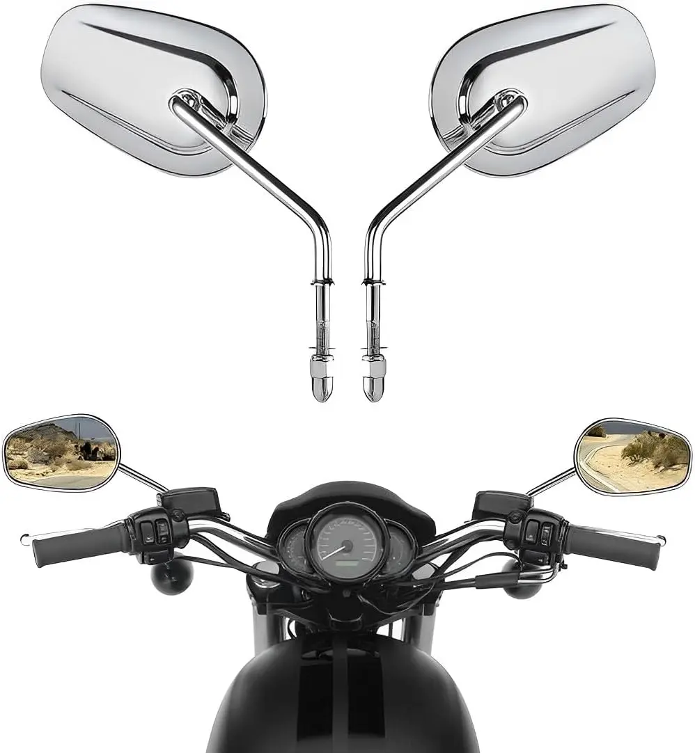 Polished Metal Chrome 8mm Teardrop Rearview Mirrors (Pair) - Upgrade/Replacement for Harley Davidson Road King, Touring, Sportster, Softail, Dyna, Street XG500/XG750, Street Glide, Freewheeler, One Pair