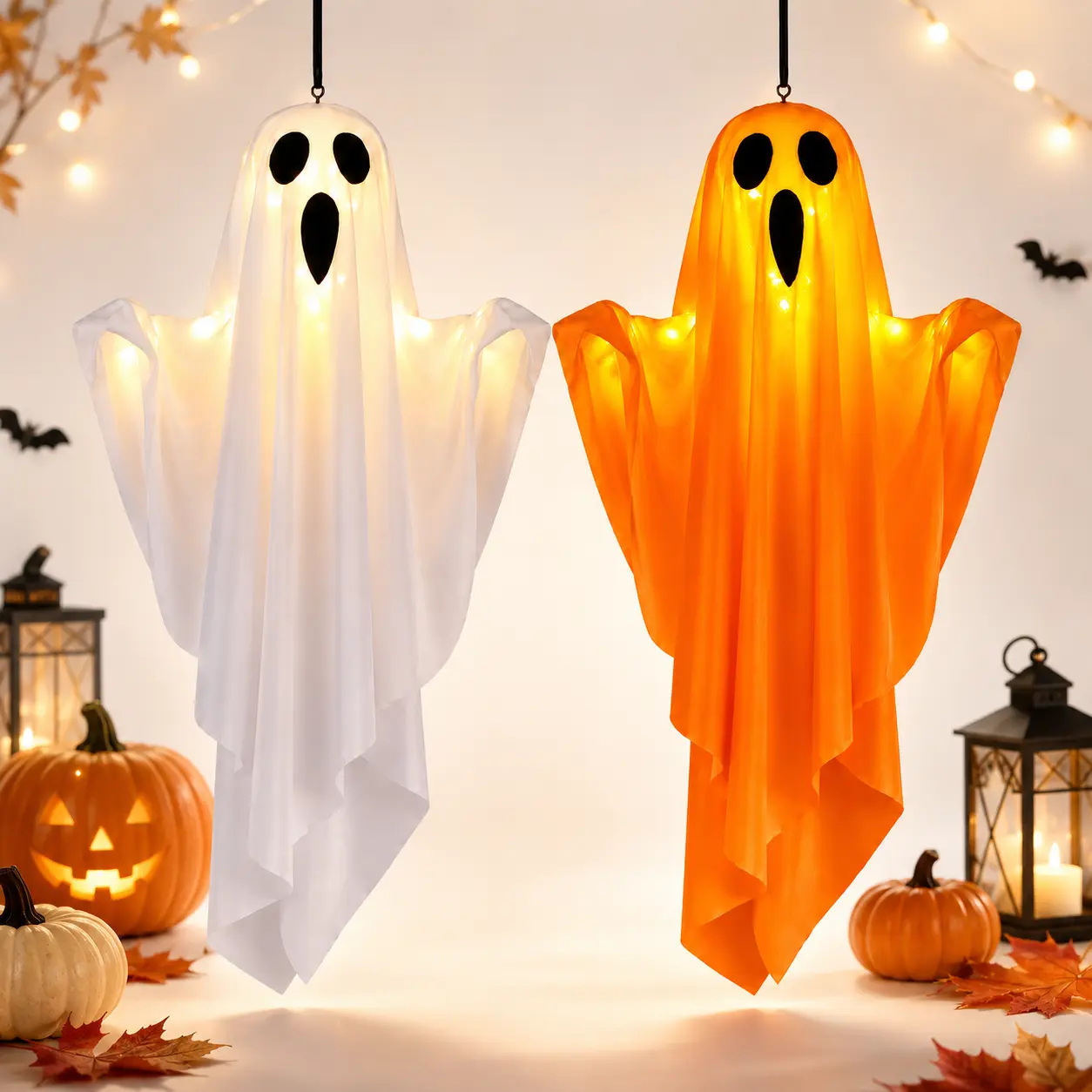 Lifnatty 2-Pack Spooky Lightweight Battery-Operated Illuminated Silhouette Hanging Ghost Decor - White, Orange, Floating Look (Home Improvement Novelty Lighting)