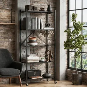 70.7" H Metal Storage Shelves, 5 Tier Folding Shelf on Wheels, Heavy Duty, No Assembly, Rolling, Collapsible Rack Unit for Kitchen, Basement, Pantry (Black,1 Pack)