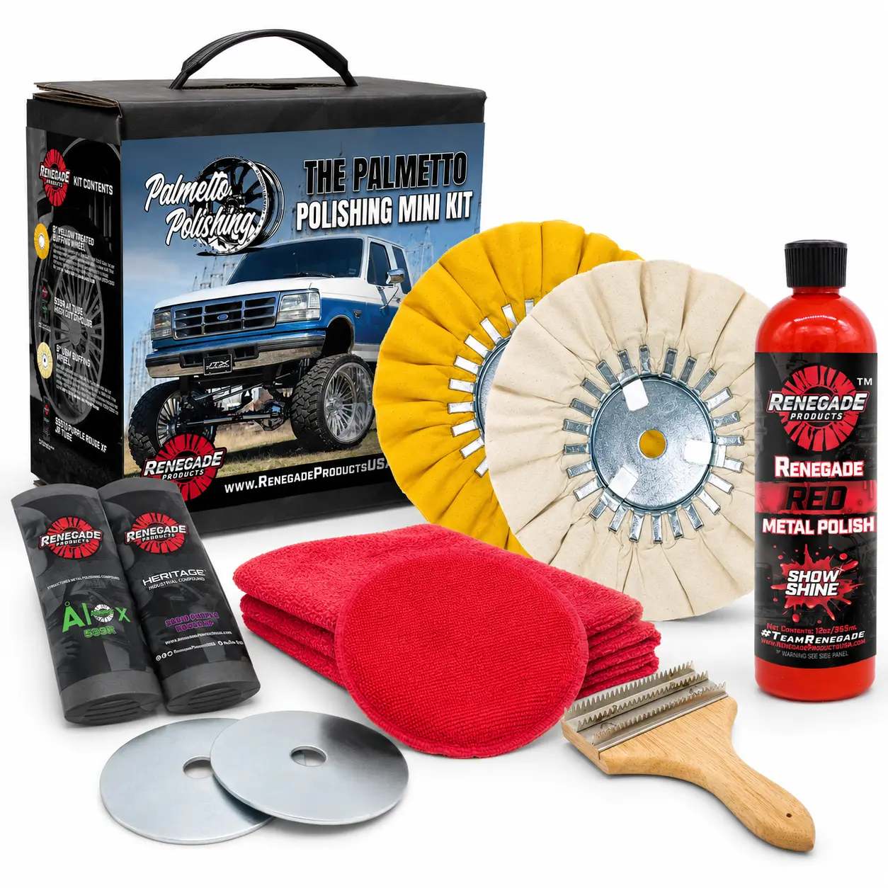 Renegade Products Palmetto Metal Polishing Kit | Aluminum & Stainless Steel Polishing, 8 in Buffing Wheels, Compounds & 12 oz Polish