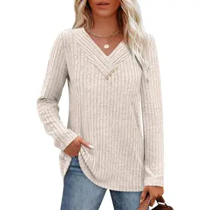 OFEEFAN Sweaters for Women Long Sleeve Shirts V Neck Tops with Buttons Fall Fashion Outfits Winter Clothing 2025