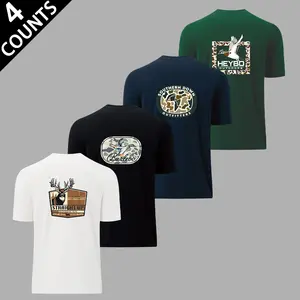 Men's 4-Piece Casual Streetwear Round Neck Short-Sleeve T-Shirt Top Set, Solid Color with Wild Animal Prints (Ducks, Hunting Dogs) on Front & Back, High-Quality Wrinkle-Resistant Loose Fit for Summer Outdoor Activities