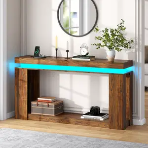 63" Long Console Table with LED Lights and Charging Station, 2-Tier Farmhouse Sofa Table Behind Couch with Storage, Narrow Entryway Table