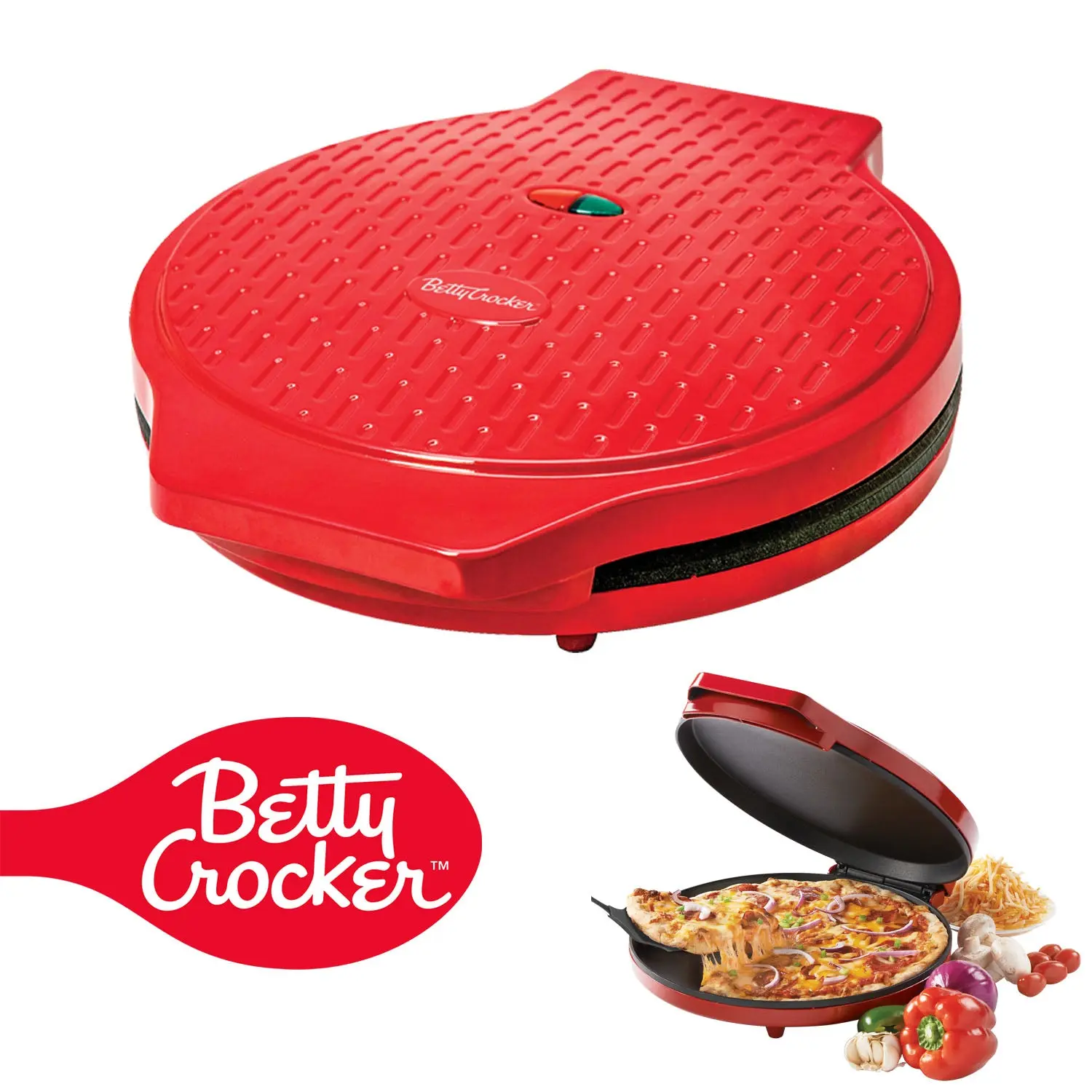 Betty Crocker Pizza Maker Plus (BC-2958CR, Red) - 12 in Oven-Free Indoor Electric Grill with Non-Stick Coating, 1440W, Ideal for Friends & Family for Pizzas, Quesadillas, Tortillas