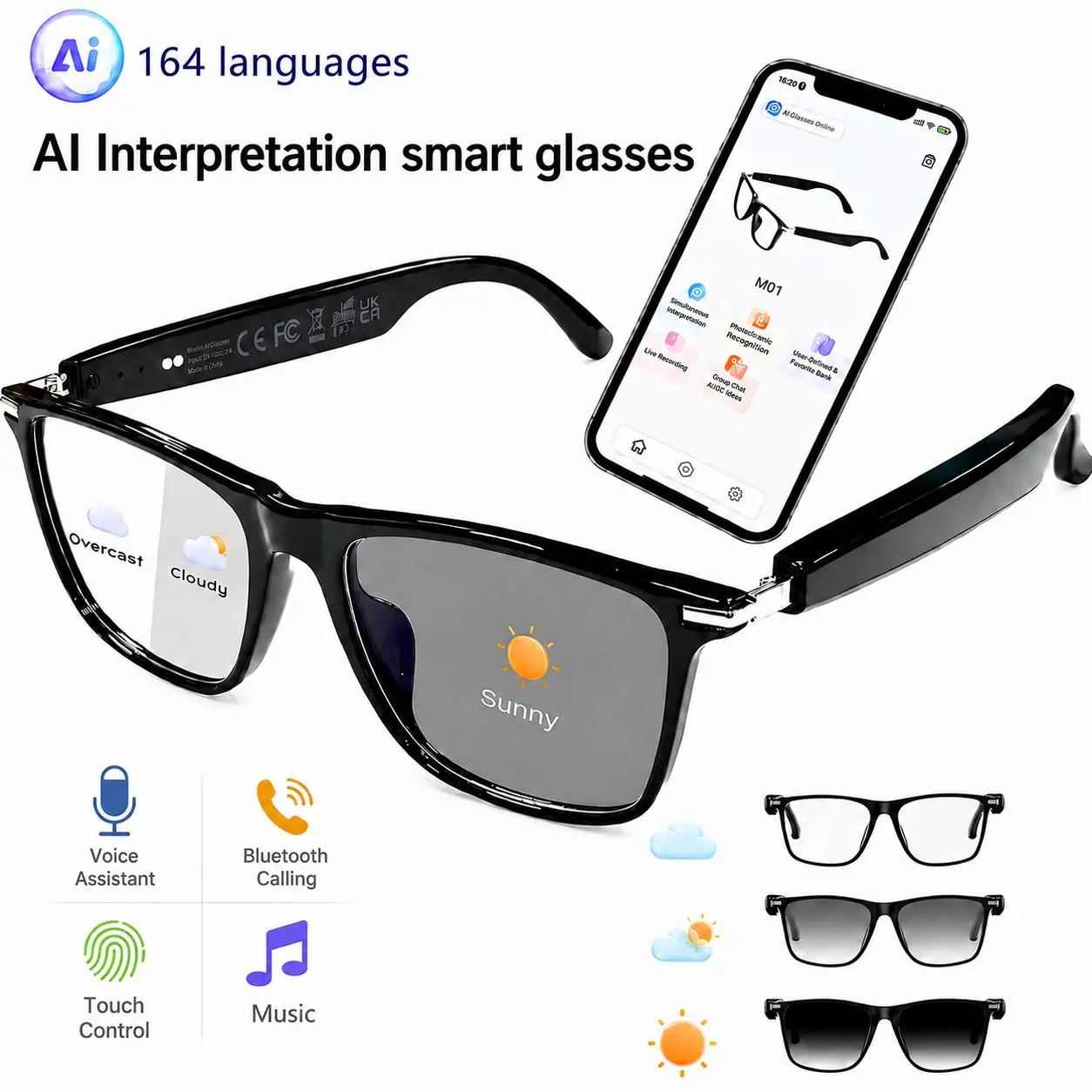 AI Translation Smart Glasses with ChatGPT, 160 Languages, Open-Ear Audio, Hands-Free HD Calls, Hi-Fi Music, Photochromic Lenses for Men and Women Wearable Black