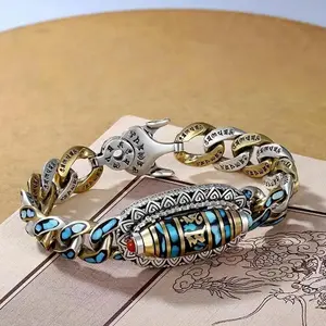 Tibetan Style Six Syllable Mantra Nine Eyed Dzi Bead Bracelet Turquoise Inlaid Lucky Meditation Amulet Jewelry For Daily Wear