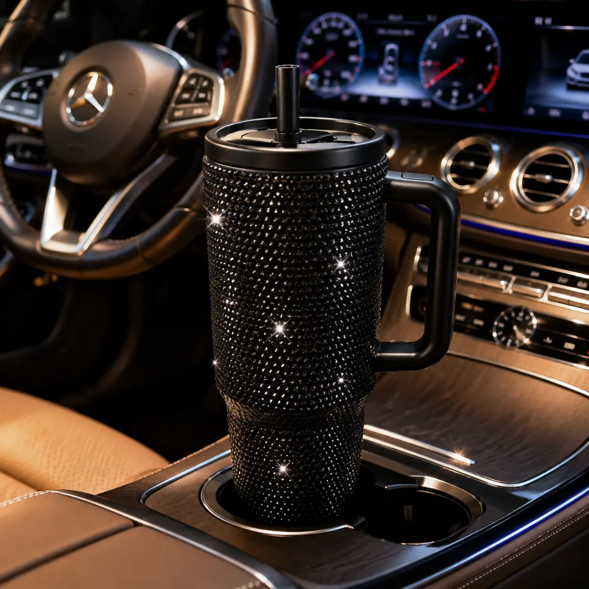 Bling 40oz Stainless Steel Double Wall Insulated Tumbler Cup with Handle, Sparkle Rhinestone Water Bottle with Straw, Luxury Car Interior Stowing Travel Mug for Office & Gym Drinkware Flasks