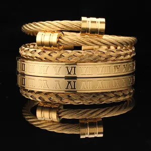 Gold & Silver Roman Numeral Stainless Steel Bracelet Set | Adjustable Luxury Cuff