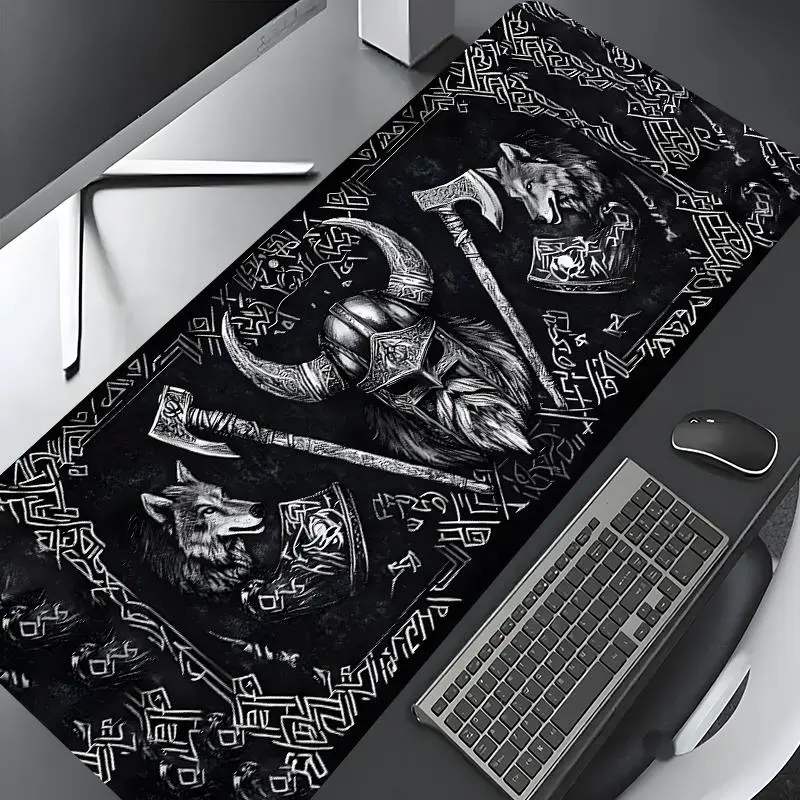 Viking Pirate Wolf & Axe Pattern Mouse Pad, Large Gaming Mouse Pad, Aesthetic Desktop Decoration Protective Pad, Non-slip Rubber Pad, Mousepad, Gaming Desk Mat