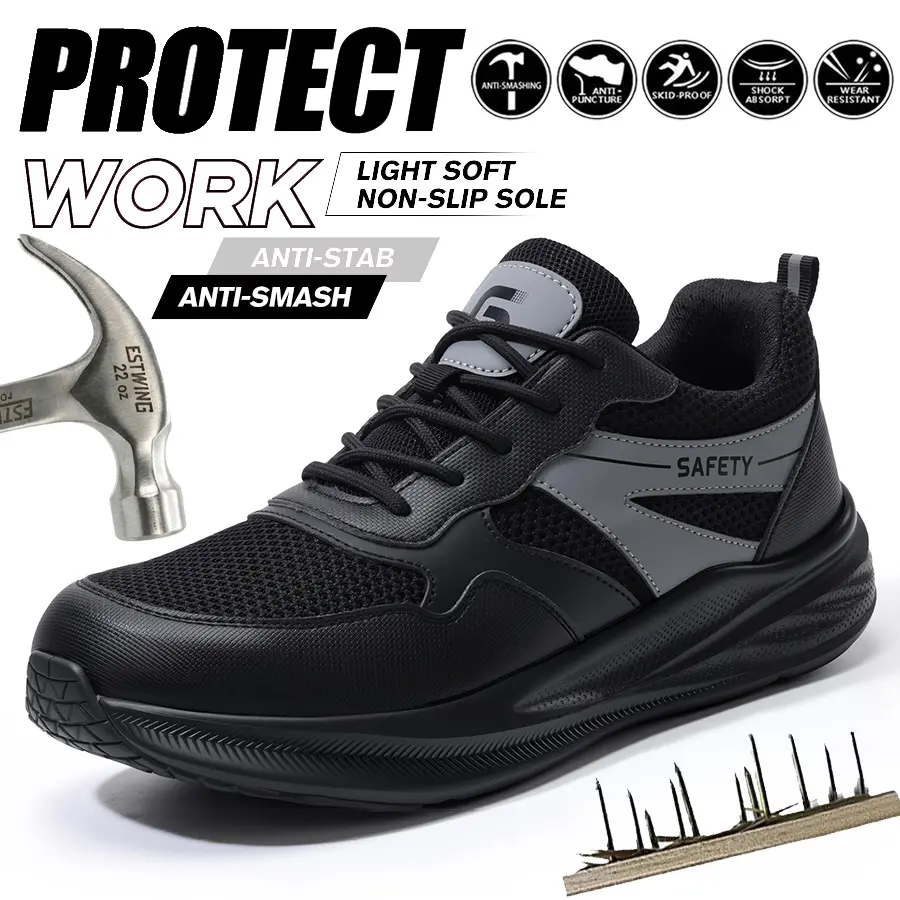Men's Steel Toe Safety Shoes, Indestructible Puncture-Proof Work Sneakers with Durable MD Outsole for Warehouse & Construction, Breathable Flyknit Mesh Work Shoes, Footwear