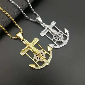 Stainless Steel JESUS ANCHOR CZ Religious Pendant & 24" Rolo Chain Hip Hop Necklace For Men
