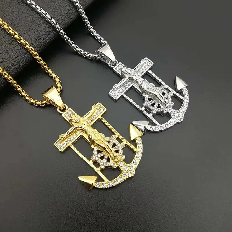 MaxBling81 Unisex Religious Jesus Anchor Pendant Necklace, Gold Plated Stainless Steel with Cubic Zirconia, 24" Rolo Chain, 45mm x 40mm, Gold Plated Necklaces, Daily, Metal Coating, Chain & Link, Gold Statement Chain