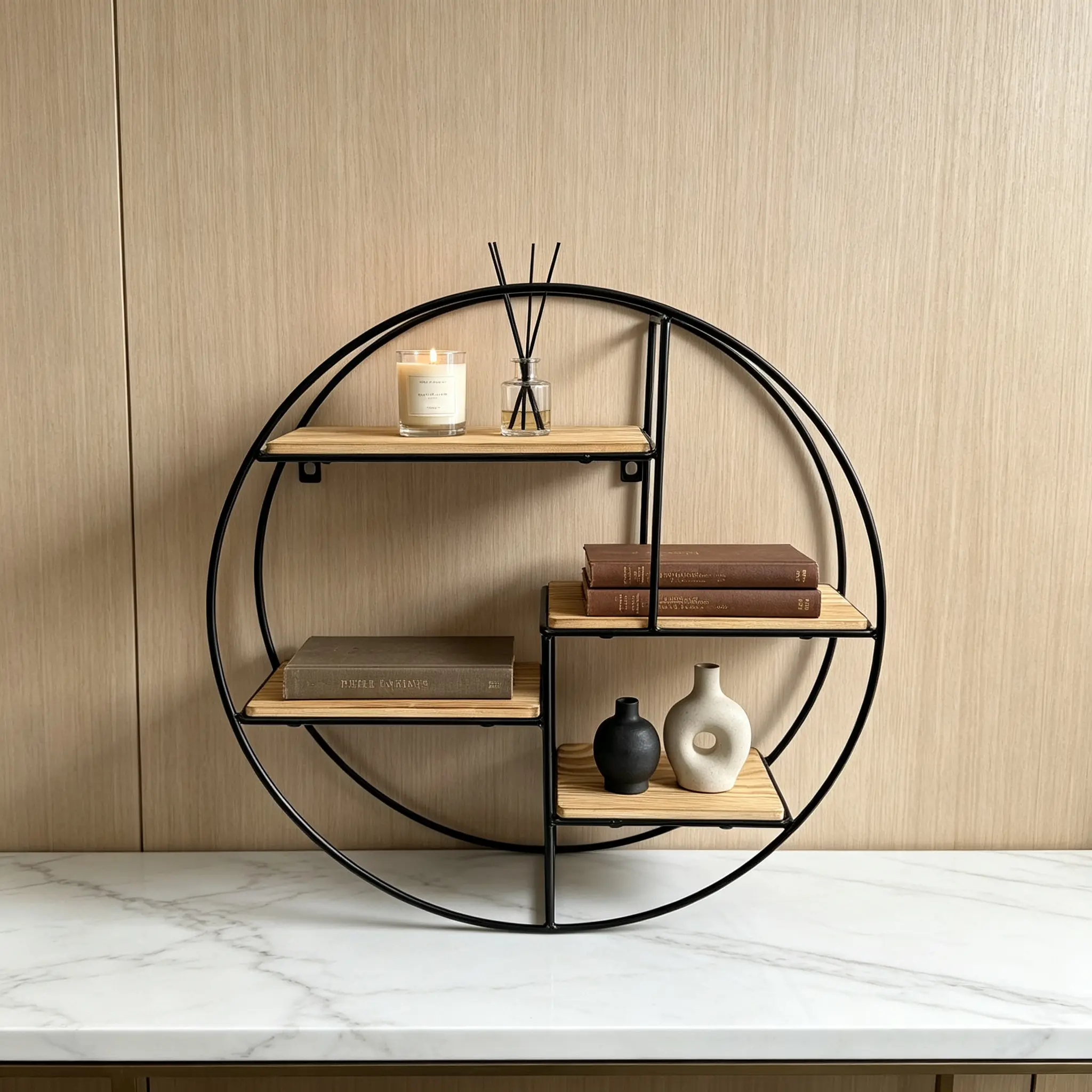 Geometric Round Metal Floating Shelves - Industrial Chic Wall Storage with Wooden Boards, Wall-Mounted Organizers for Living Room, Bedroom, Shelf, Metal & Wood, Minimalist Circle