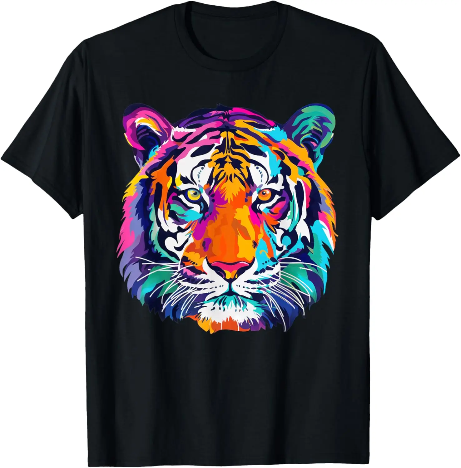 Tigerco. Menswear Regular-Fit Round Neck Cotton T-Shirt, Short-Sleeve Unisex Casual Sports Top, Soft Natural Fabric with Colorful Tiger Graphic, Black, Small