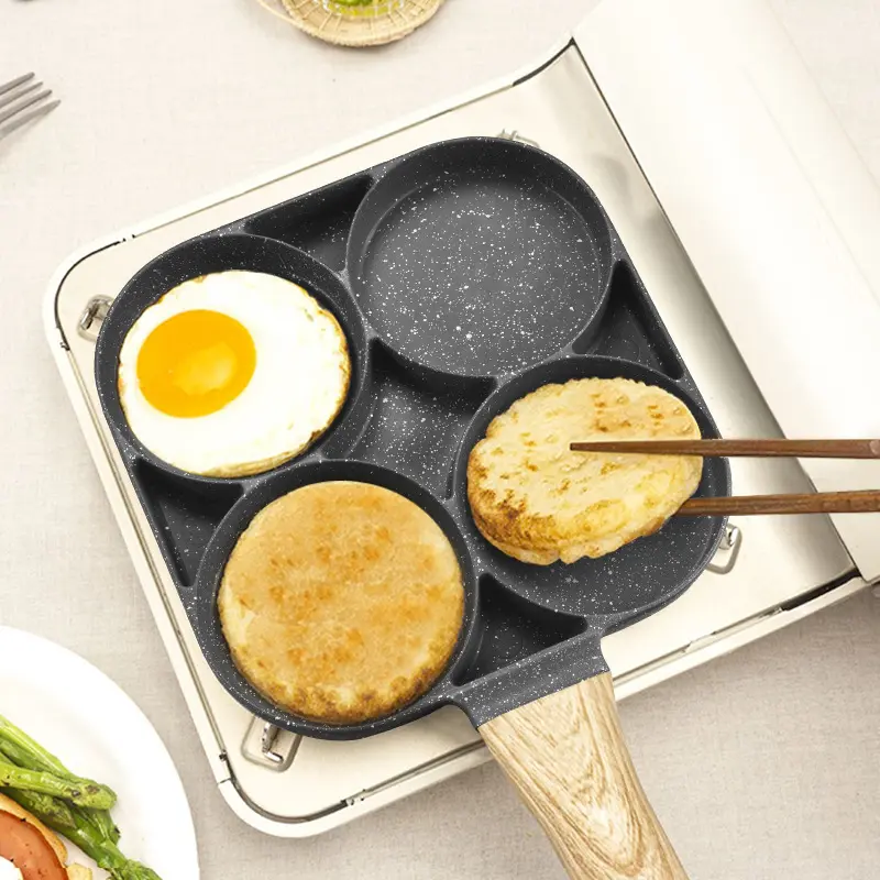Nonstick Egg Pan - 1-Count 4-Hole Divided Coated Skillet with Handle, Durable Ceramic Coating, Easy to Clean, 3-in-1 Multi-Function Cookware for Frying Eggs/Pancakes, Compatible with Gas & Induction Cooktops, Coated Pans & Woks