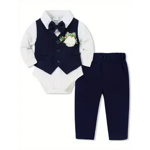 5-piece baby boy long-sleeve gentleman suit, baby boy holiday party wedding dress, includes jumpsuit, vest, pants, bow tie, and boutonniere, suitable for 0-18 months