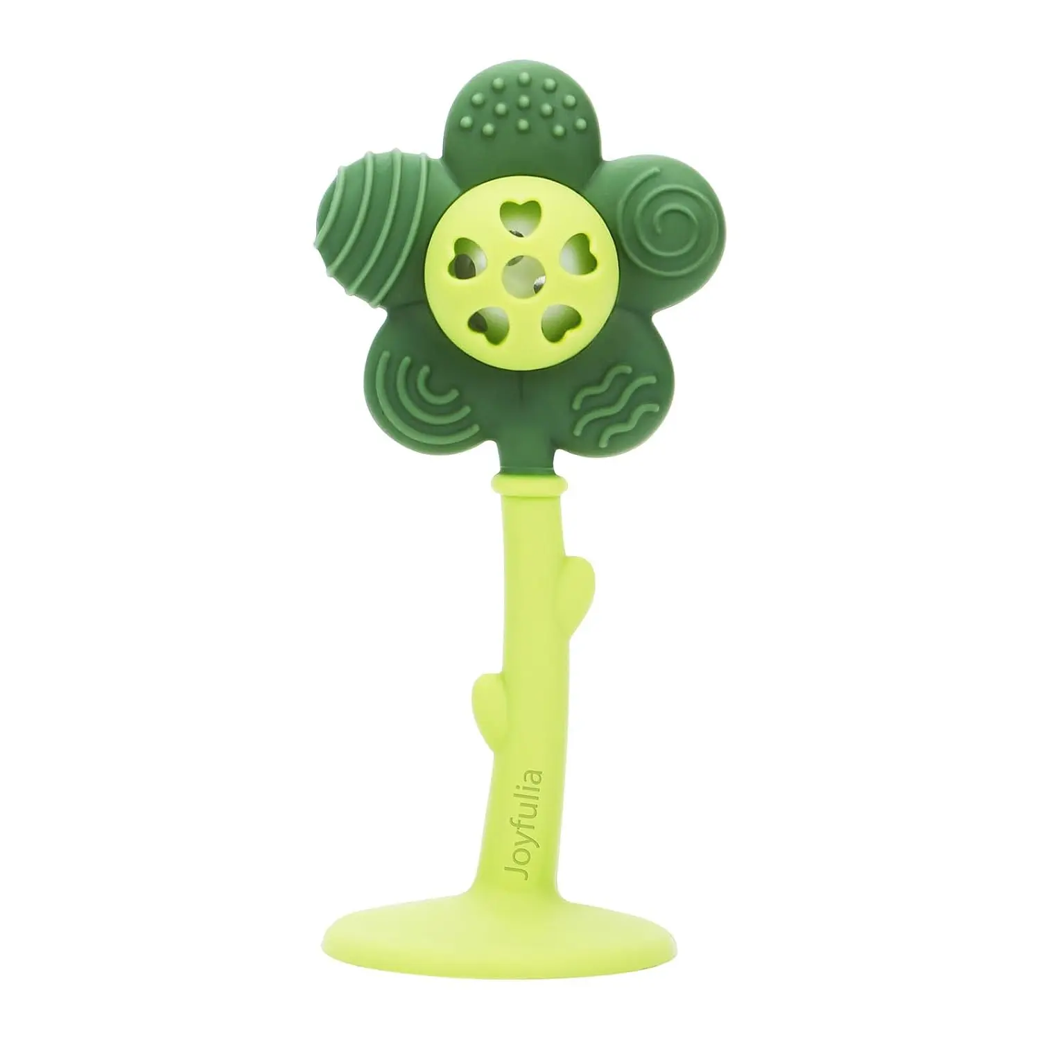 Baby Teether Rattle, Silicone Suction Cup Teething Toy, Green | Sunnyflower Multi-Textured Food-Grade Sensory Chew Toy for Babies 0+ Months, Easy to Hold, BPA-Free, Newborn Essential
