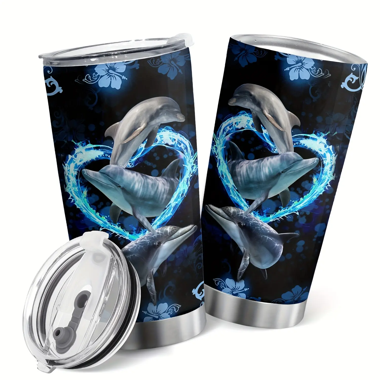 Dolphin Tumbler 20oz for Women |   Insulated Stainless Steel Travel Cup with Lid |   Dolphin Heart Design |   Perfect Gift for Dolphin Lovers, Her, Adults, Ocean Enthusiasts