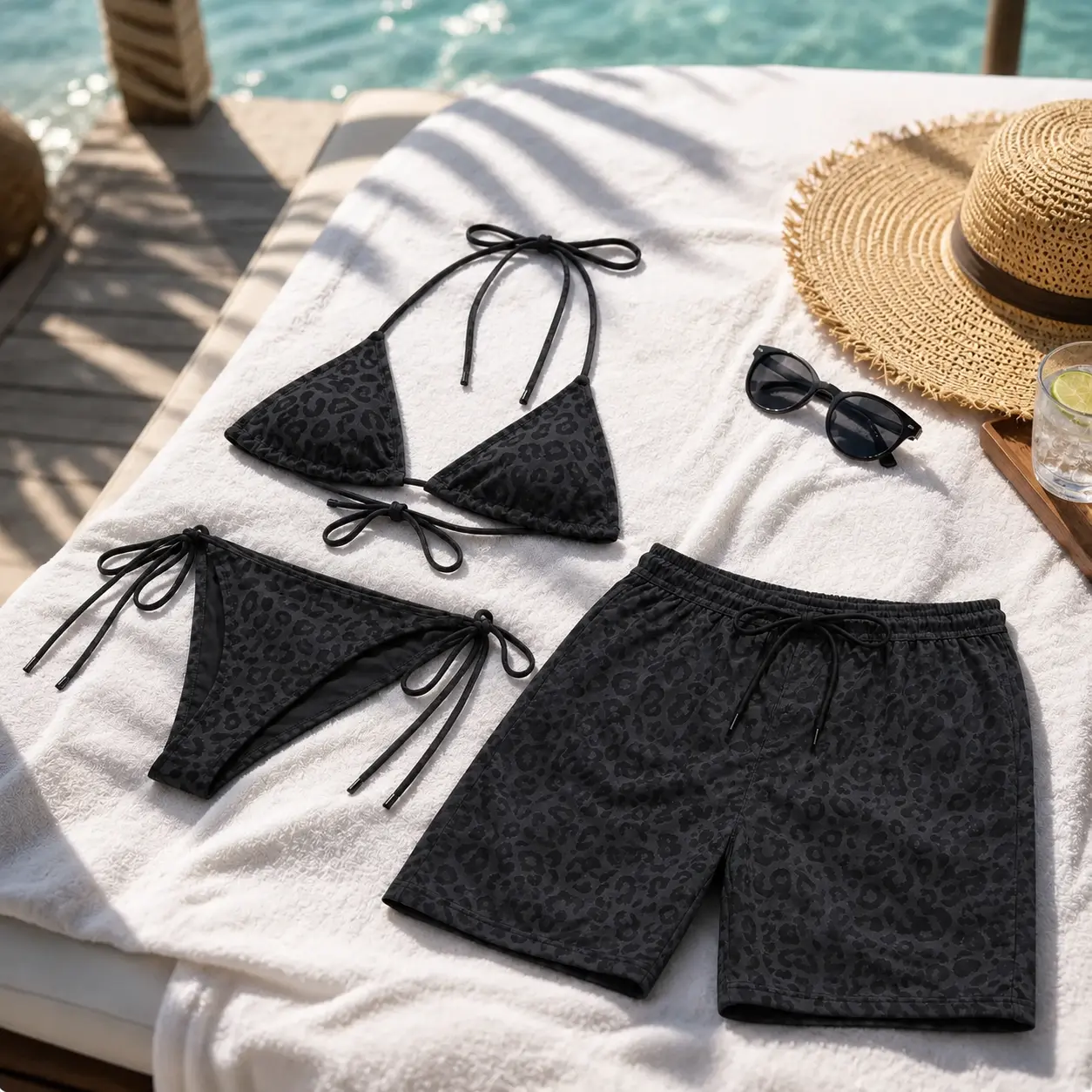 Matching Black Leopard Couple Swimwear Set, Triangle Tie Bikini & Men's Beach Shorts, Dark Animal Print Swimsuit, Vacation Beach Gift