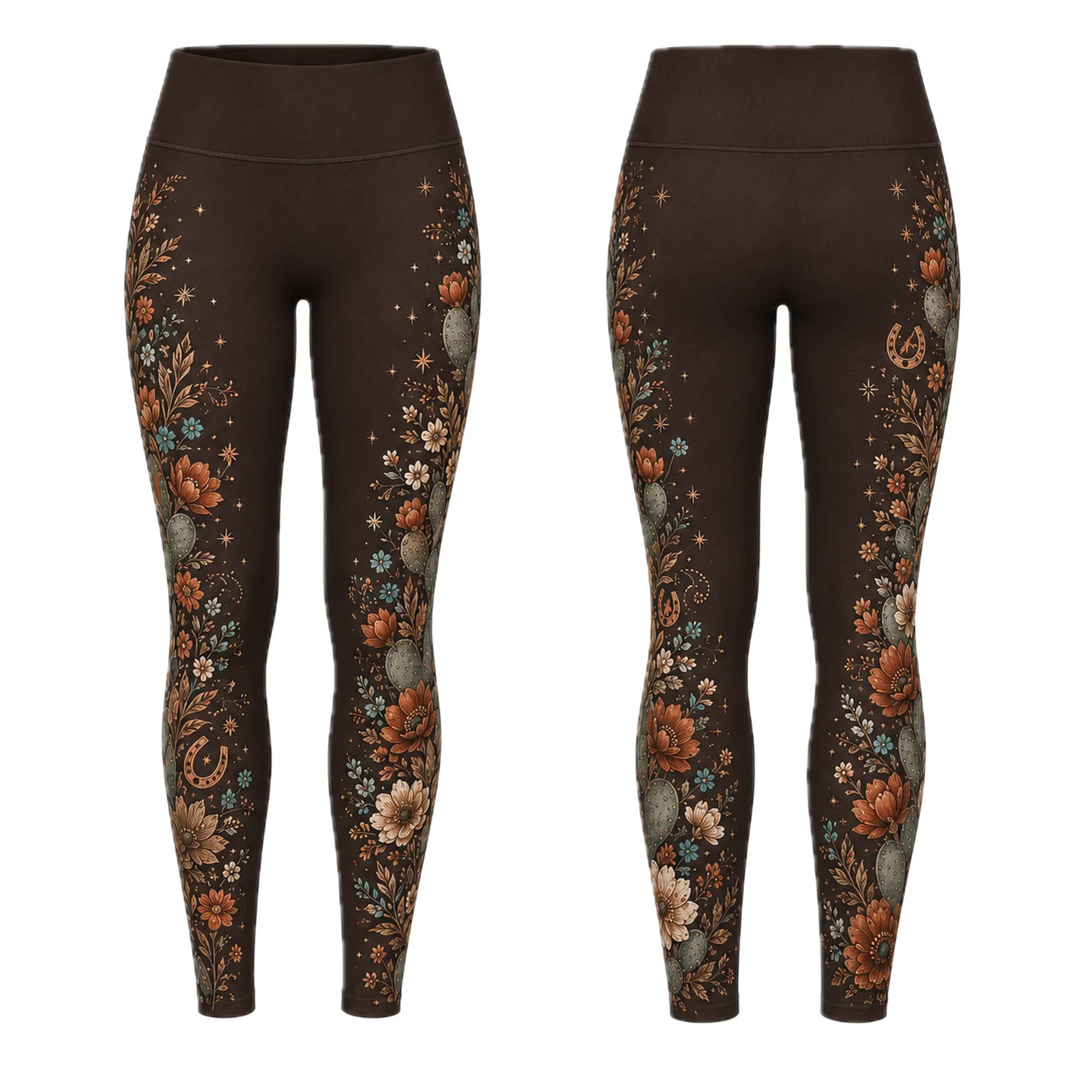 Western Floral Cactus Standard & Flare Leggings - Boho Desert Botanical Print High Waist Stretch Pants, Cowgirl Style Workout Yoga Leggings
