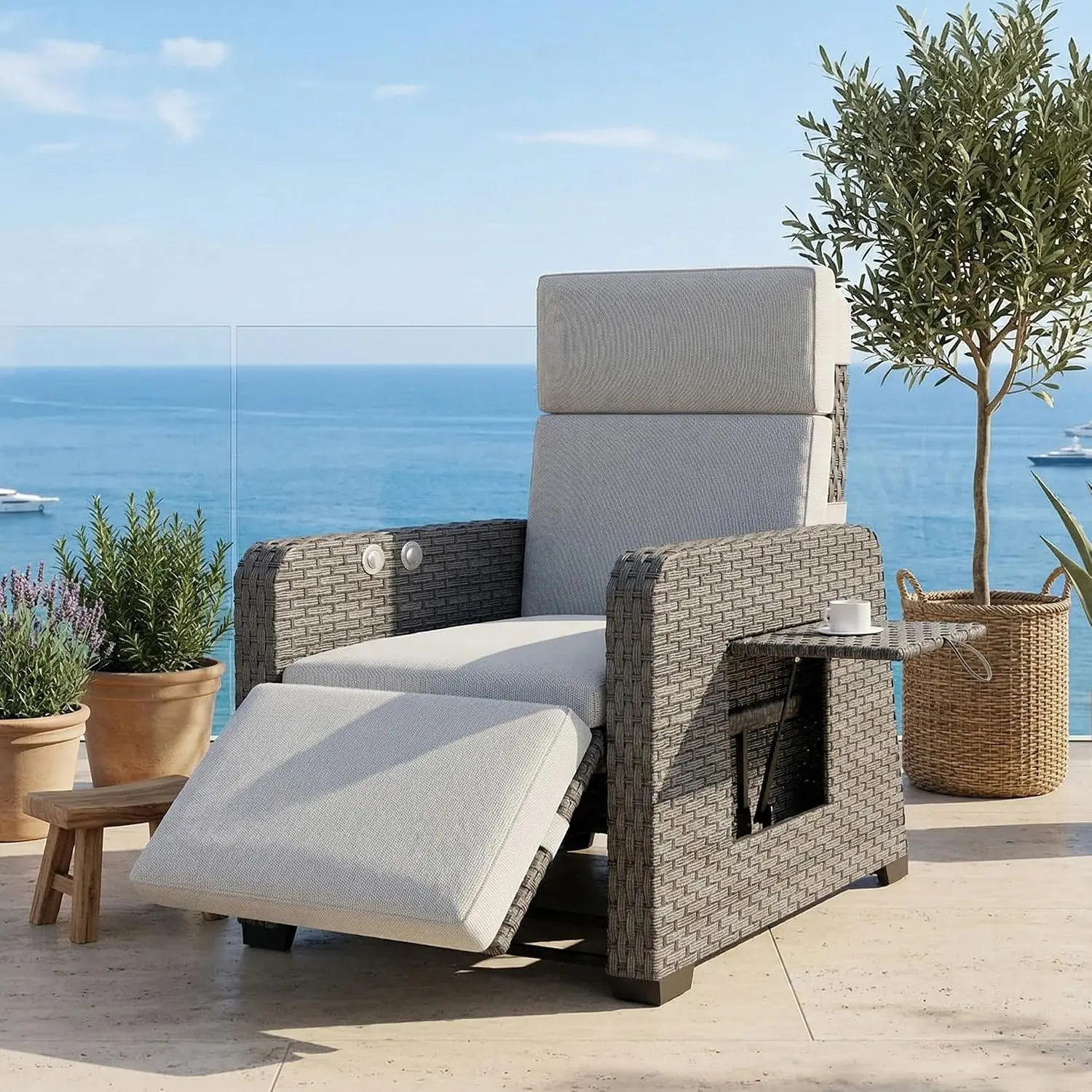ABCASA Durable Outdoor Recliner Chair with Fixed Arms, Adjustable Back, Independent Dual-Control – 150° Lay-Flat Wicker Patio Armchair, Air Pump, Flip-Up Side Table, Extended Footrest, 5" Thick Fade-Resistant Olefin Cushions, 5" Thick Cushions, Armrest