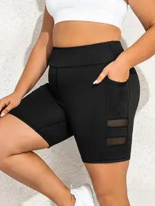 【Plus Size】 Contrast Mesh Pocket Sports Shorts, Women's Comfortable Breathable Seamless High Stretch Skinny Shorts, Ladies Clothing for Outdoor Workout Running, Gym Clothes, Casual Athletic Shorts
