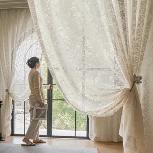 New Korean Style 3D Embroidered Hollow Out Sheer Curtain, Pastoral Design, Light-Filtering Privacy Protection for Living Room & Bedroom