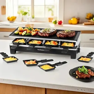 Techwood 1500W Fast Heating 2-in-1 Electric Raclette Table Griddle Grill with Non-Stick Plate, 8 Cheese Melt Pans, Black Mini Indoor Grill for Parties & Family Fun