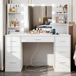 Modern Lighted Vanity Desk Set with LED Lights, 7 Drawers, Power Outlet, Adjustable Brightness, Easy Assembly, Durable Particle Board & Metal Brackets, Makeup Dressing Desk for Bedroom Makeup Routine tiktokshopspringglowup, Multi-Drawer Makeup Vanities