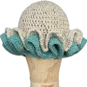 Double Layered Ruffle Hat with Multicolor Crochet Design and Teal Trim for Stylish Outfits