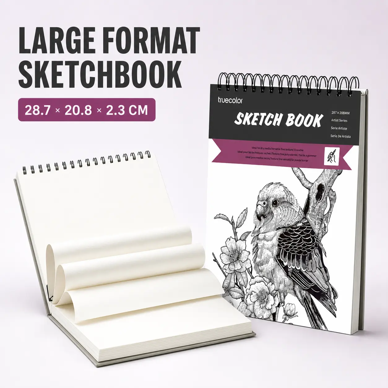 Truecolor Pad Self-Standing Spiral Sketchbook, 100-Page, 11.3x8.2 in, for Dry Media, Office Stationery Art Supplies