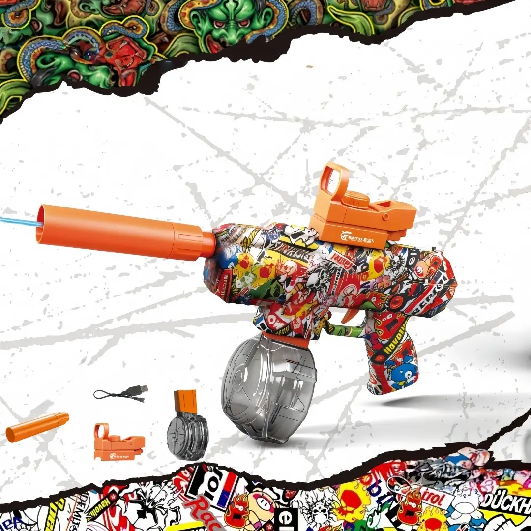 Graffiti Electric Water Gun for Kids, Automatic Continuous Fire Water Blaster with Large Capacity Drum Magazine, Long Range Squirt Gun Toy for Summer Outdoor Pool Beach Water Battle, Boys & Adults, Automatic Water Blasts