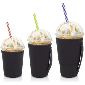 3 Pack Reusable Neoprene Insulated Coffee Sleeve with Handle for 16-32oz Cups - Cold Drinks Beverage Sleeves for Iced Coffee, Soda, Beer (Black)