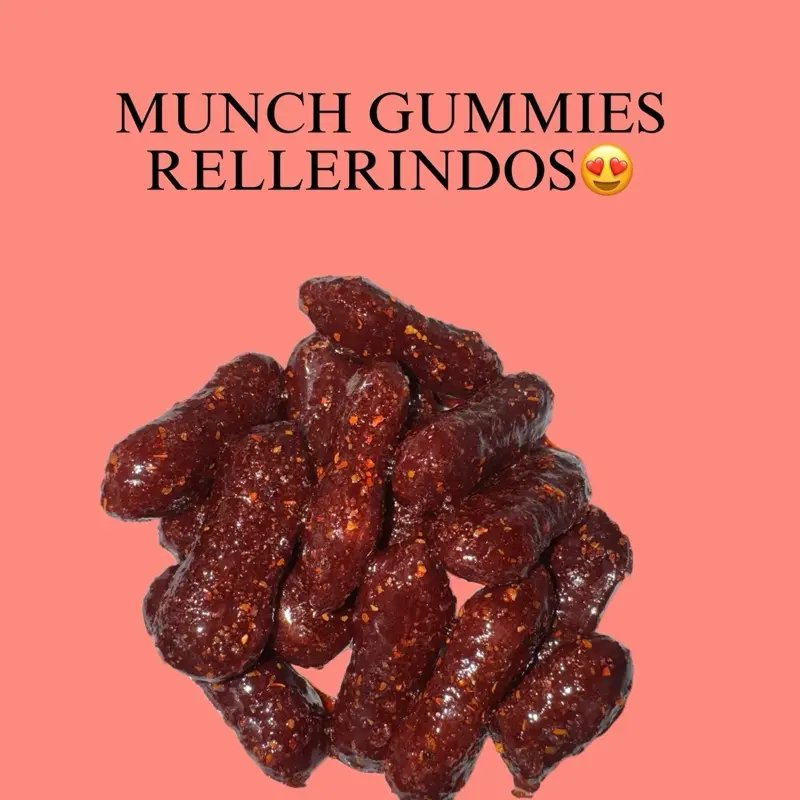 Munch Gummies ~ Rellerindos Snack Candy 8oz ( comes with 1.7oz chamoy ) Munch Gummies ~ Rellerindos Snack Candy 8oz ( comes with 1.7oz chamoy )
