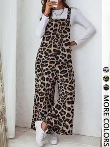 Valentine's Day Women's Casual Leopard Print Loose Jumpsuit, Woven Fabric, Moderate Thickness, All Seasons Wear, Fitted Style, Pocket Design
