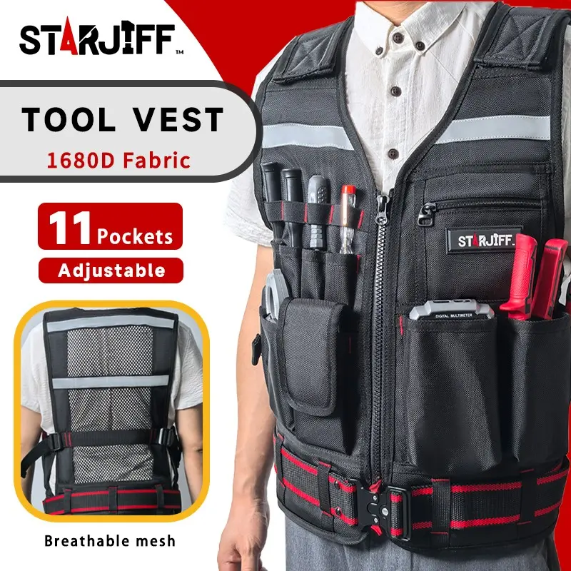 Starjiff Tool Vest with Metal Buckle Belt, Adjustable Tactical Vest, Breathable, Night Reflective Strips, Reflective Safety, Weight Distribution Work Vest, Construction Gear, Safety Equipment