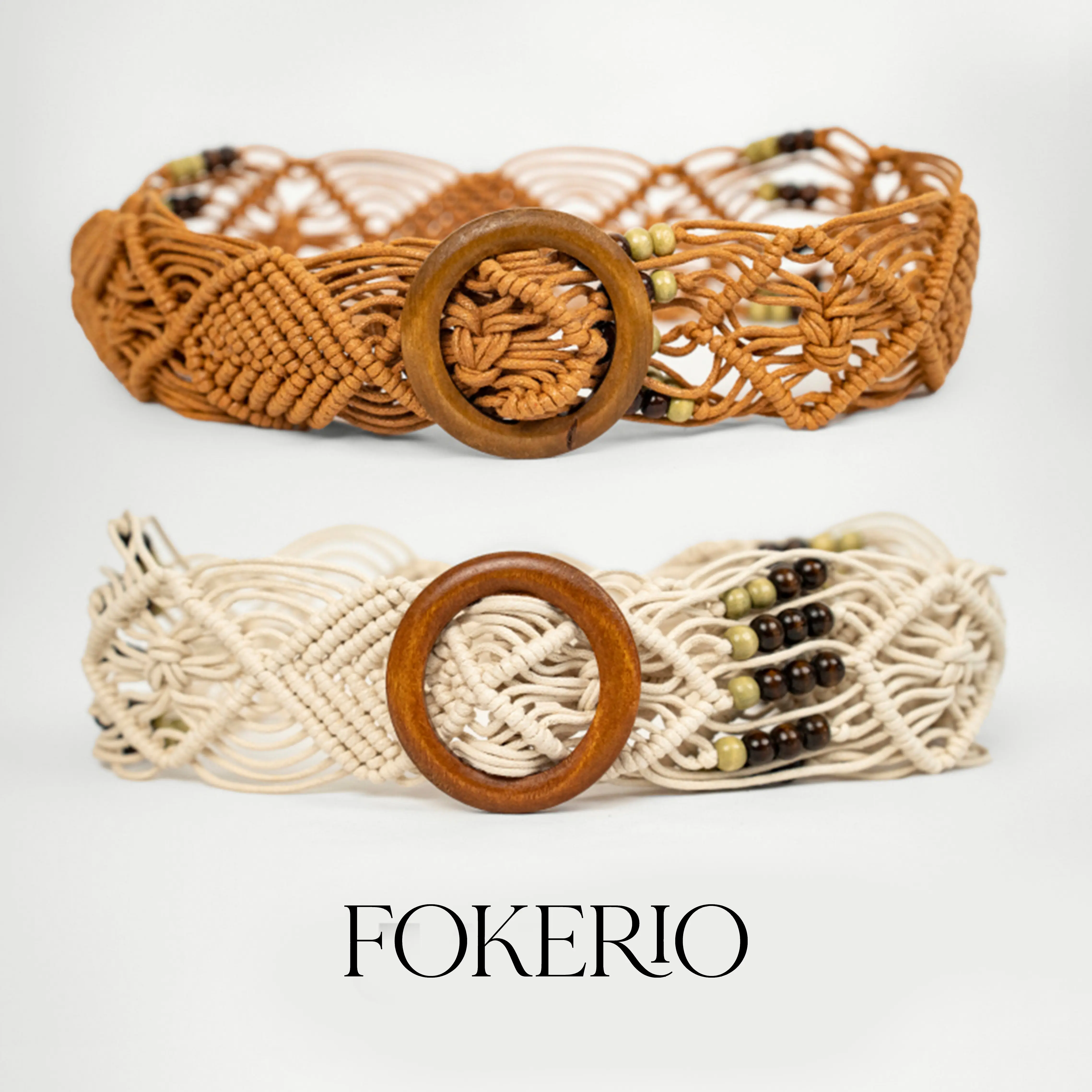 FOKERIO Women's Boho Macrame Belt Handwoven Cotton Women's Belt for Dresses Festival Outfits Wooden Ring Belt Buckle Wide Braided Summer Waist Belt