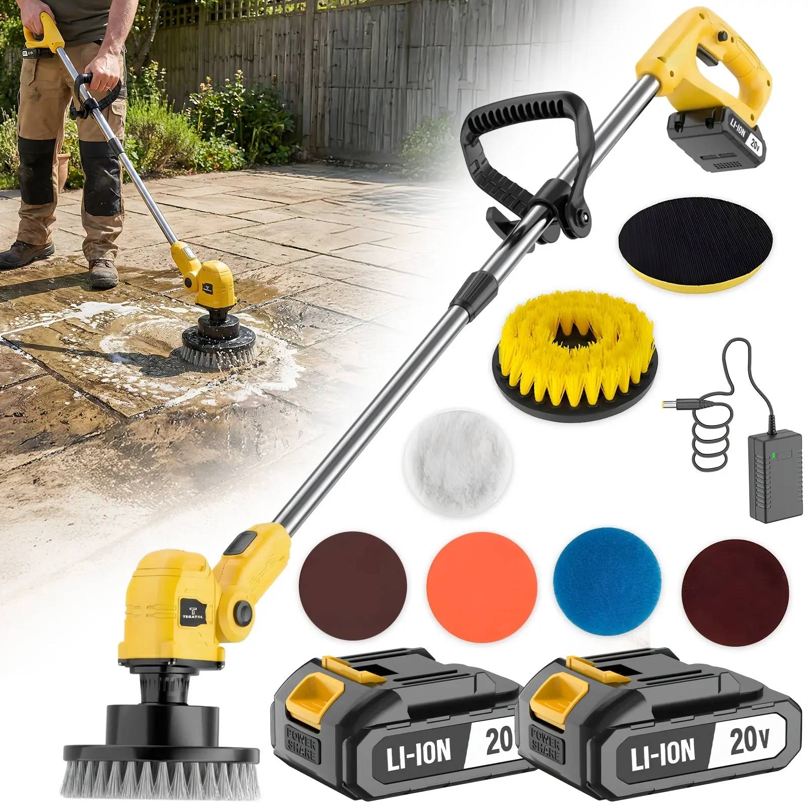 【DealsForYouDays】20V Electric Scrubber, Cordless Floor Cleaner, Multi-functional Floor Cleaning Brush, Extendable Telescopic Handle, Equipped with Rechargeable Battery, Multiple Brush Heads,Suitable for Floor Cleaning Scenarios in Kitchens and Bathroom