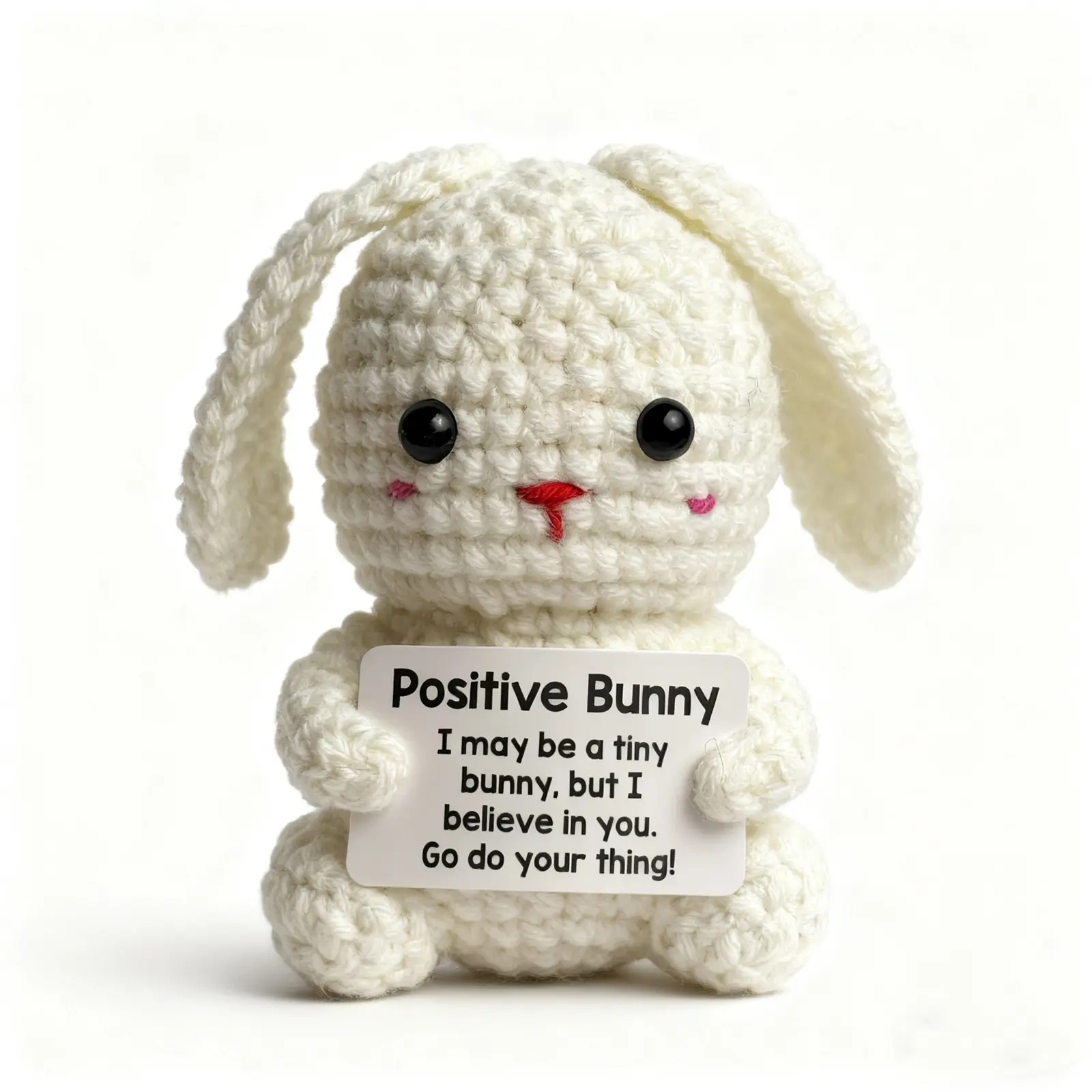 Hand Crocheted Bunny Plush Toy - "Positive Bunny" with Encouraging Message, Inspirational Stuffed Animal Gift for Kids & Adults, Unique Desk Decor for Motivation, Soft Cuddly Gift, Super Soft Fluffy, Huggable Stuffed Animal, Handmade Bunny