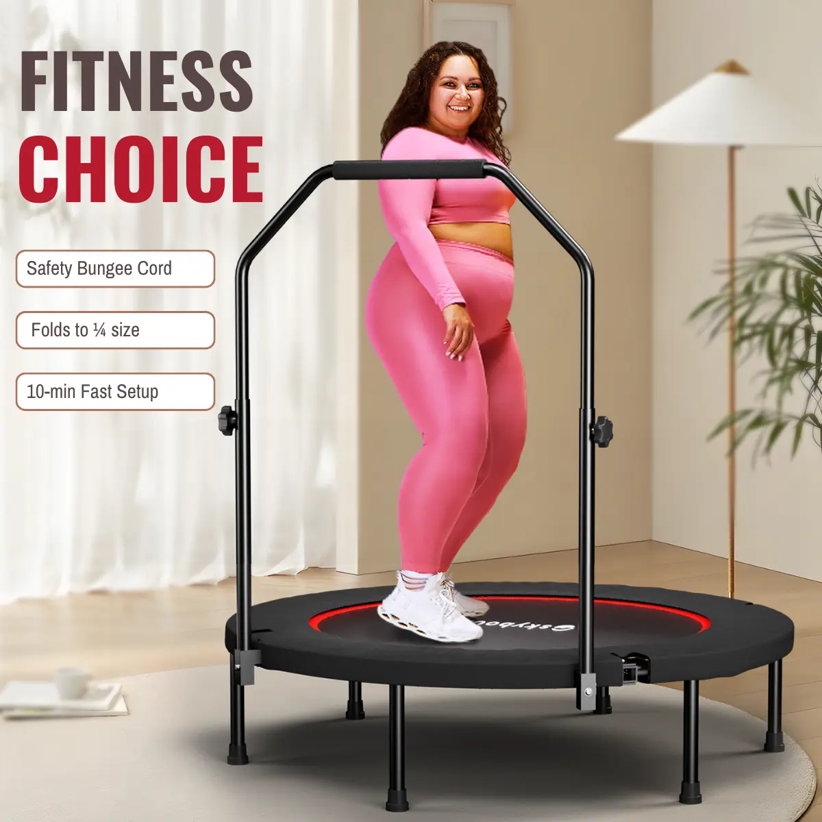 40-Inch Foldable Trampoline for Adults, Compact Mini Rebounder with Silent Bungees and Adjustable Handlebar for Stability, for Indoor & Outdoor Fitness Workouts, Trampoline Workout