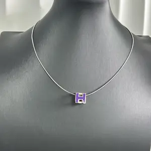 Pre-owned Hermès H Cube Pendant Necklace (Purple Enamel with Silver Chain) LDZ0042