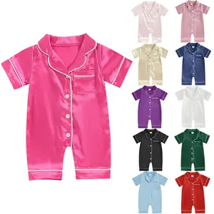 Infant Baby Girl Boy Silk Jumpsuit Pajamas Short Sleeve Button-Up Satin Pjs Footie  Romper Pajama Nightgown