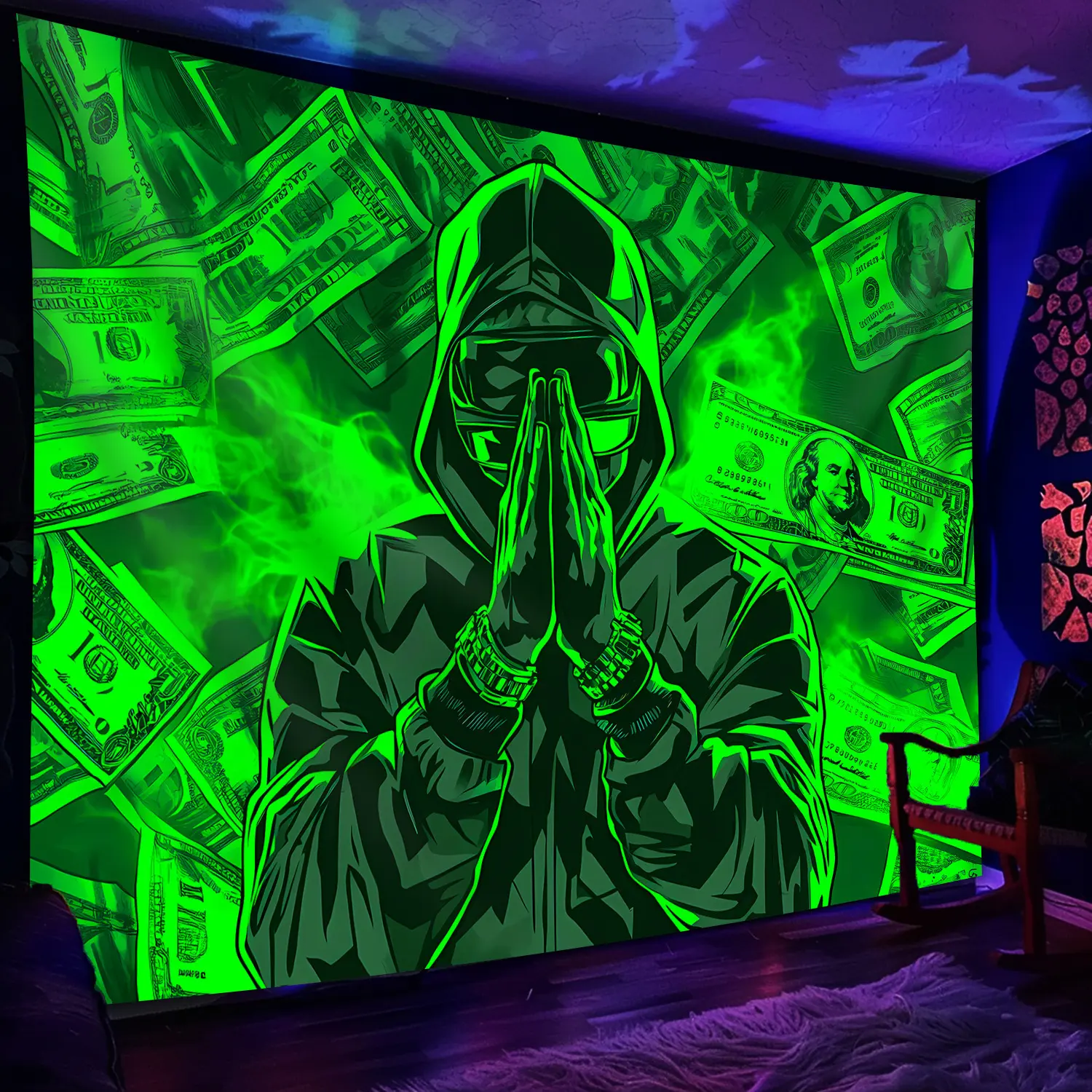 Glow-in-the-Dark Money Prayer Tapestry (60x40 in) - Durable Soft Cloth Home Decor, Fluorescent Glow Effect, Hooded Figure, Cash Design, Sunset Element, Cordless Easy Install, Hand Wash Easy to Clean, Holiday Bedroom Decor, Gifts