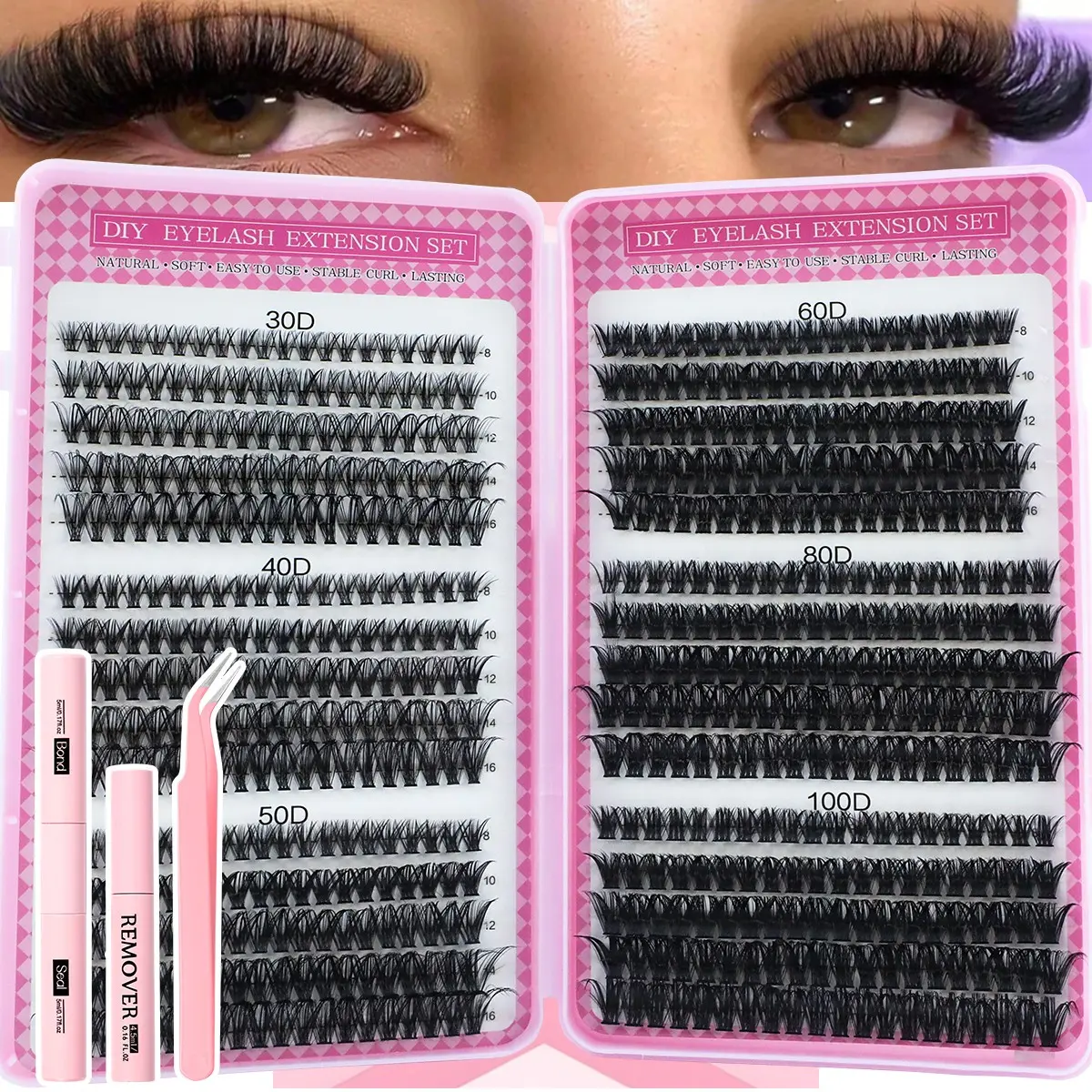 600 Pcs Eyelash Extension Kit with Glue, Tweezers and Remover Cream, Mixed 8–16 mm Lengths, Curl Lashes, Large-Capacity Beginner-Friendly DIY Eyelash Extension Set for Home Use, Diy Lash Cluster, DIY Eyelashes Kit