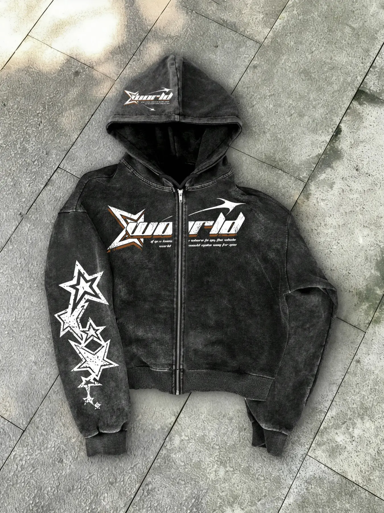 Unisex Street Style Zip Hoodie Jacket, Casual Hooded Sweatshirt, Spring & Fall Thin Cotton Sweatshirt, Xworld Logo Star Pattern, Y2K Campus Hip Hop Fashion