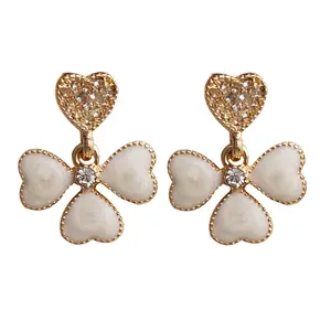White Clover Floral Earrings with Rhinestone, Lightweight